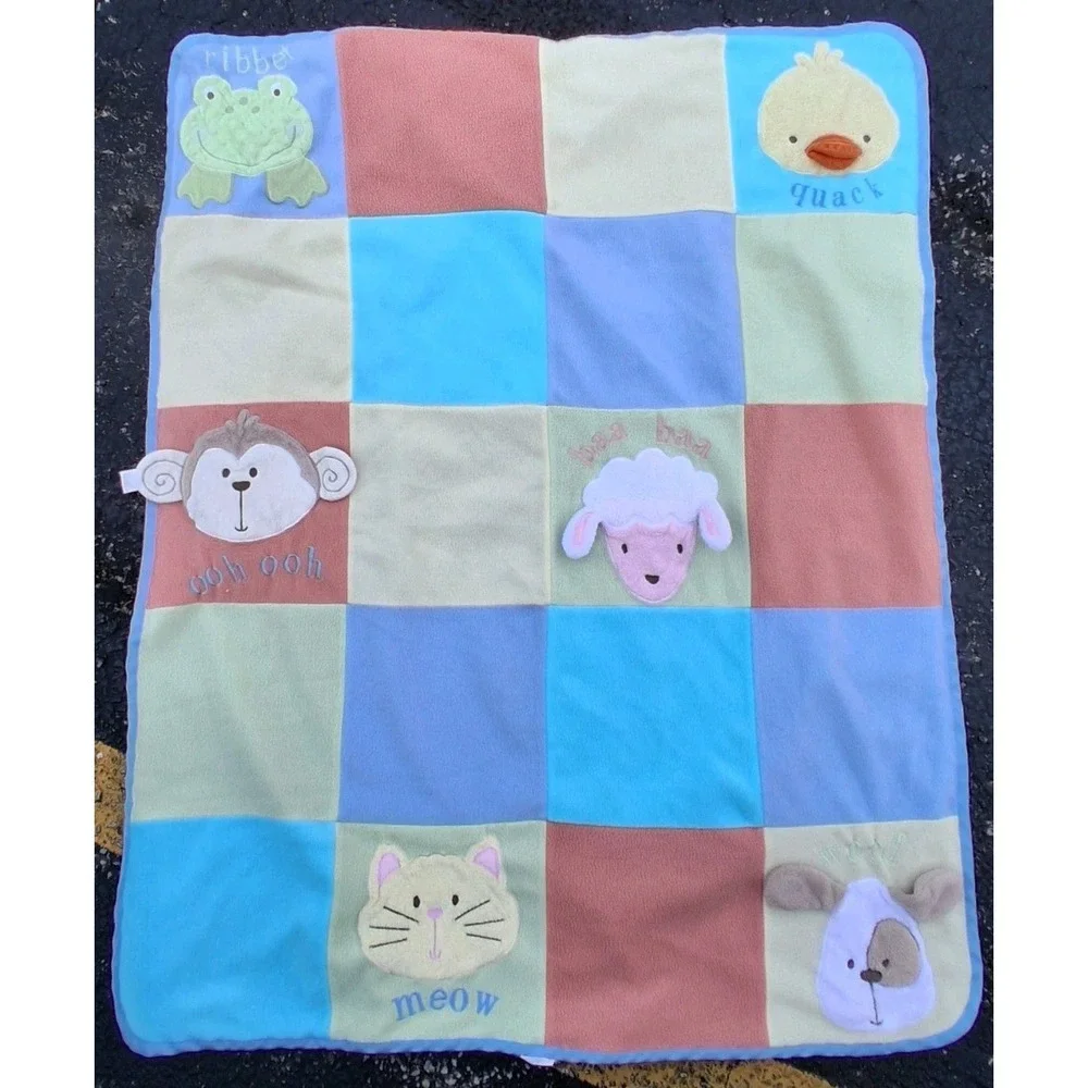 Vintage Baby Activity Blanket Rattle Crinkle Rainbow Monkey Duck Puppy Kitty